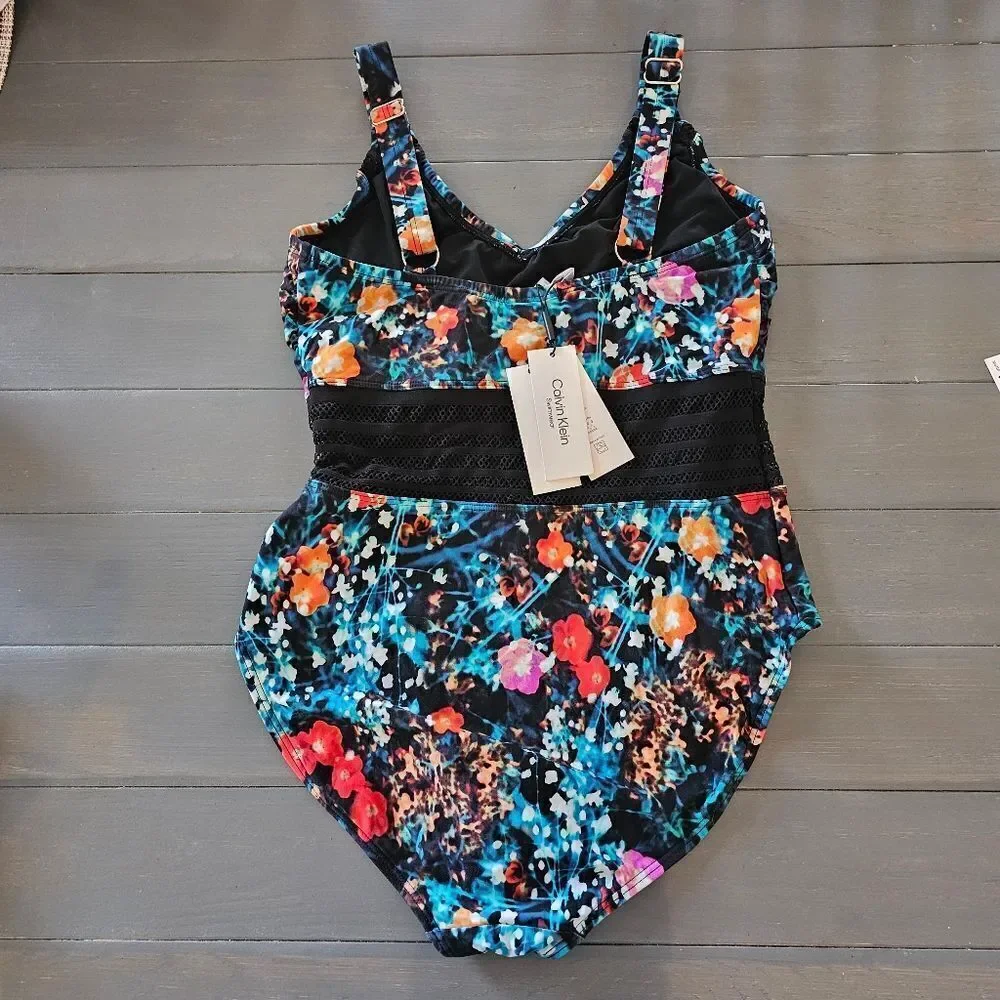 Calvin Klein Women's Floral Poppy Mesh Inset Panel One Piece Swimsuit Size 14